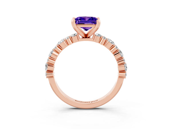Rose gold Princess Cut Tanzanite Side Stone Solitaire Ring with Round  and Four-Prong Setting