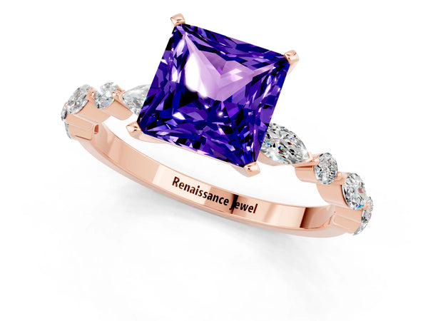 Rose gold Princess Cut Tanzanite Ring with Marquise and Round  Side Stones and Four-Prong Setting
