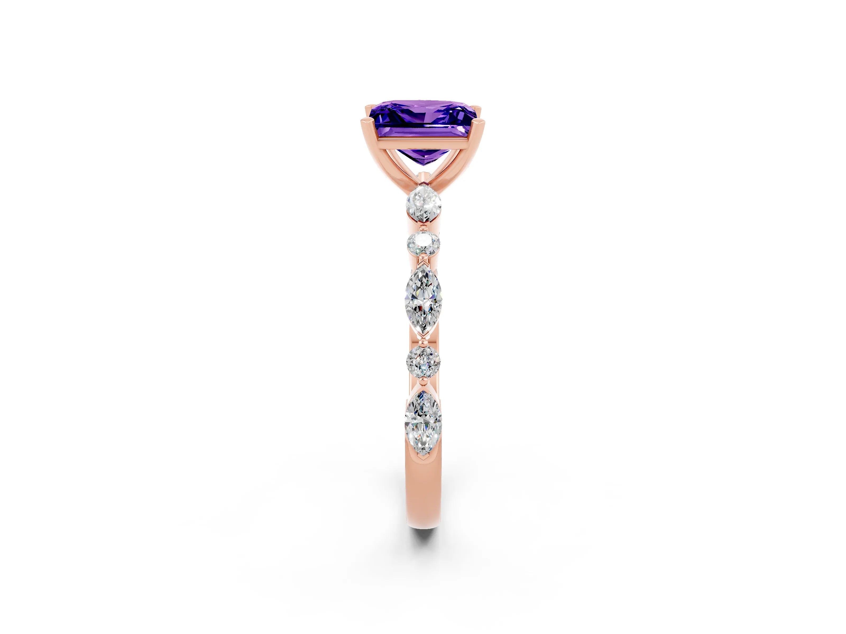 Rose gold Princess Cut Tanzanite Solitaire with Side Stones on a Pavé Band and Four-Prong Setting_2