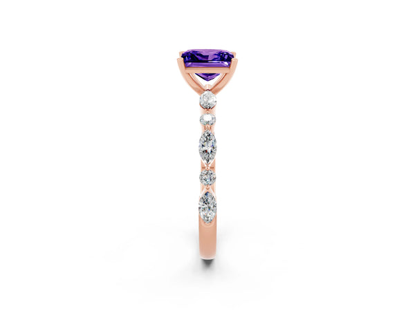 Rose gold Princess Cut Tanzanite Ring with Marquise and Round  Side Stones and Four-Prong Setting