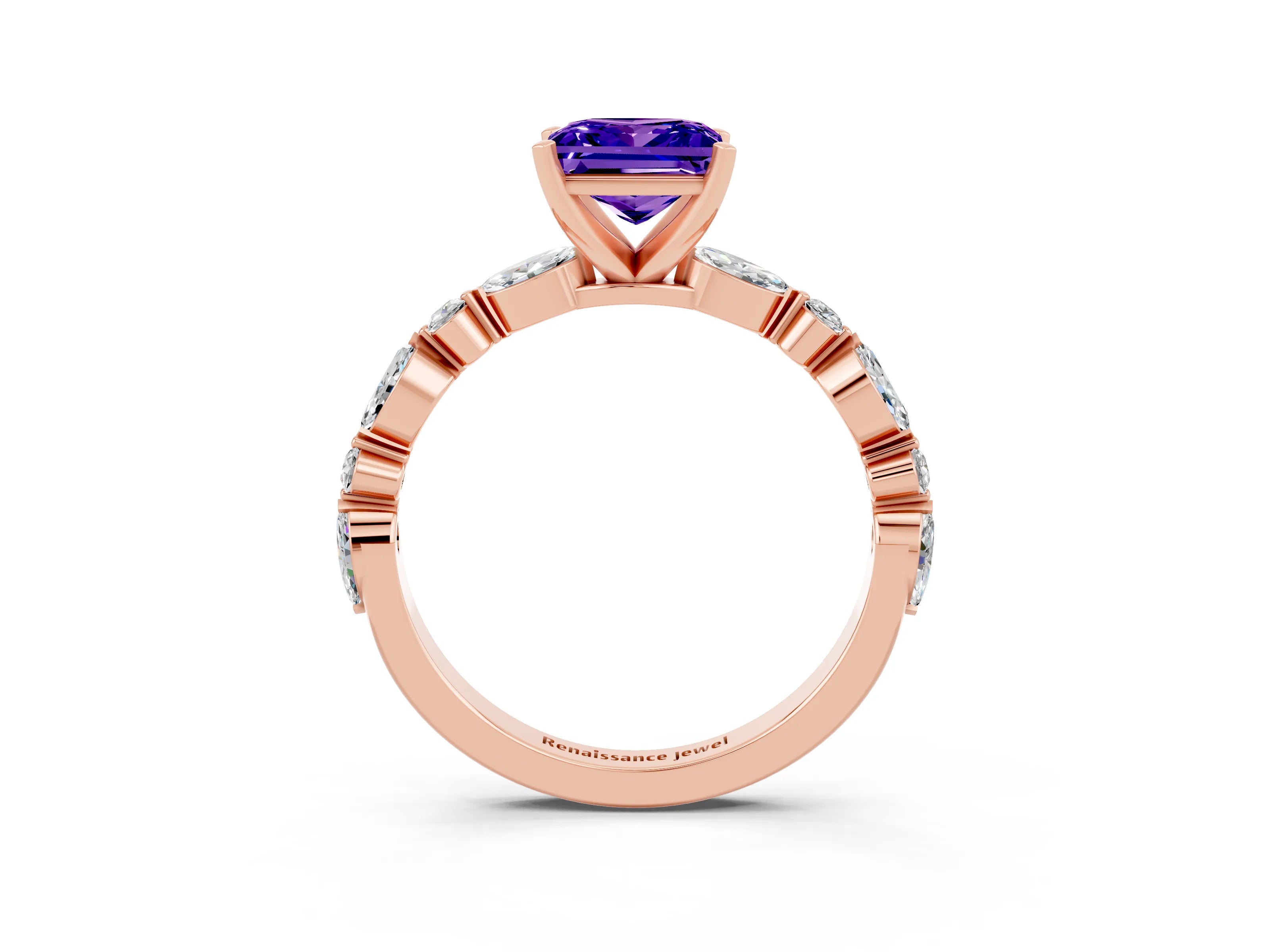 Rose gold Princess Cut Tanzanite Solitaire with Side Stones on a Pavé Band and Four-Prong Setting_3