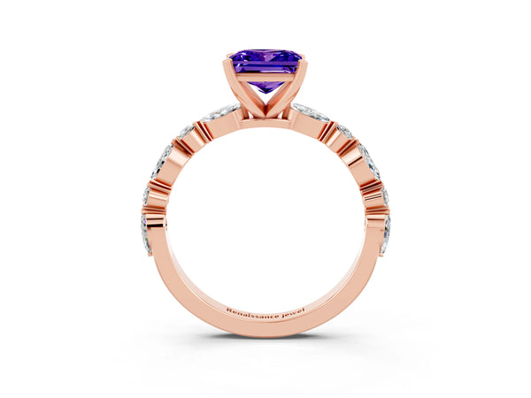 Rose gold Princess Cut Tanzanite Ring with Marquise and Round  Side Stones and Four-Prong Setting