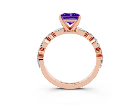 Rose gold Princess Cut Tanzanite Solitaire with Side Stones on a Pavé Band and Four-Prong Setting_3