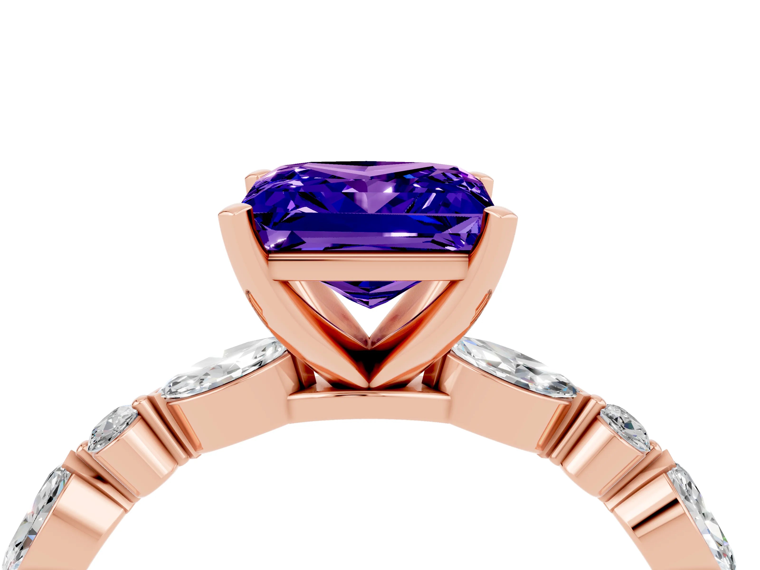 Rose gold Princess Cut Tanzanite Solitaire with Side Stones on a Pavé Band and Four-Prong Setting_4