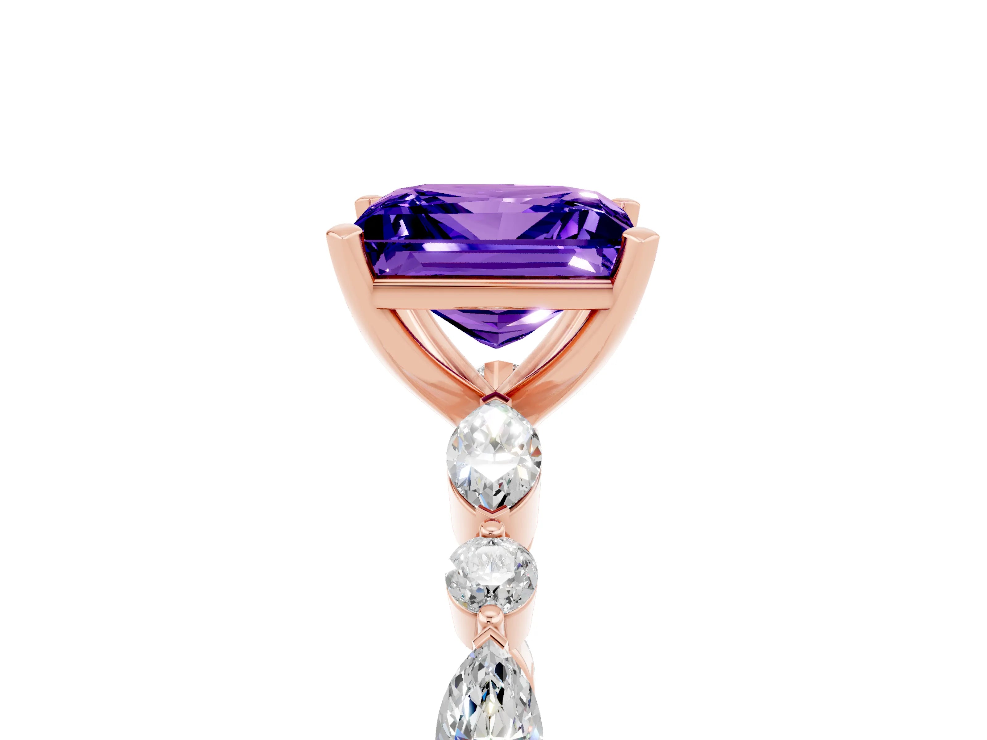 Rose gold Princess Cut Tanzanite Solitaire with Side Stones on a Pavé Band and Four-Prong Setting_5