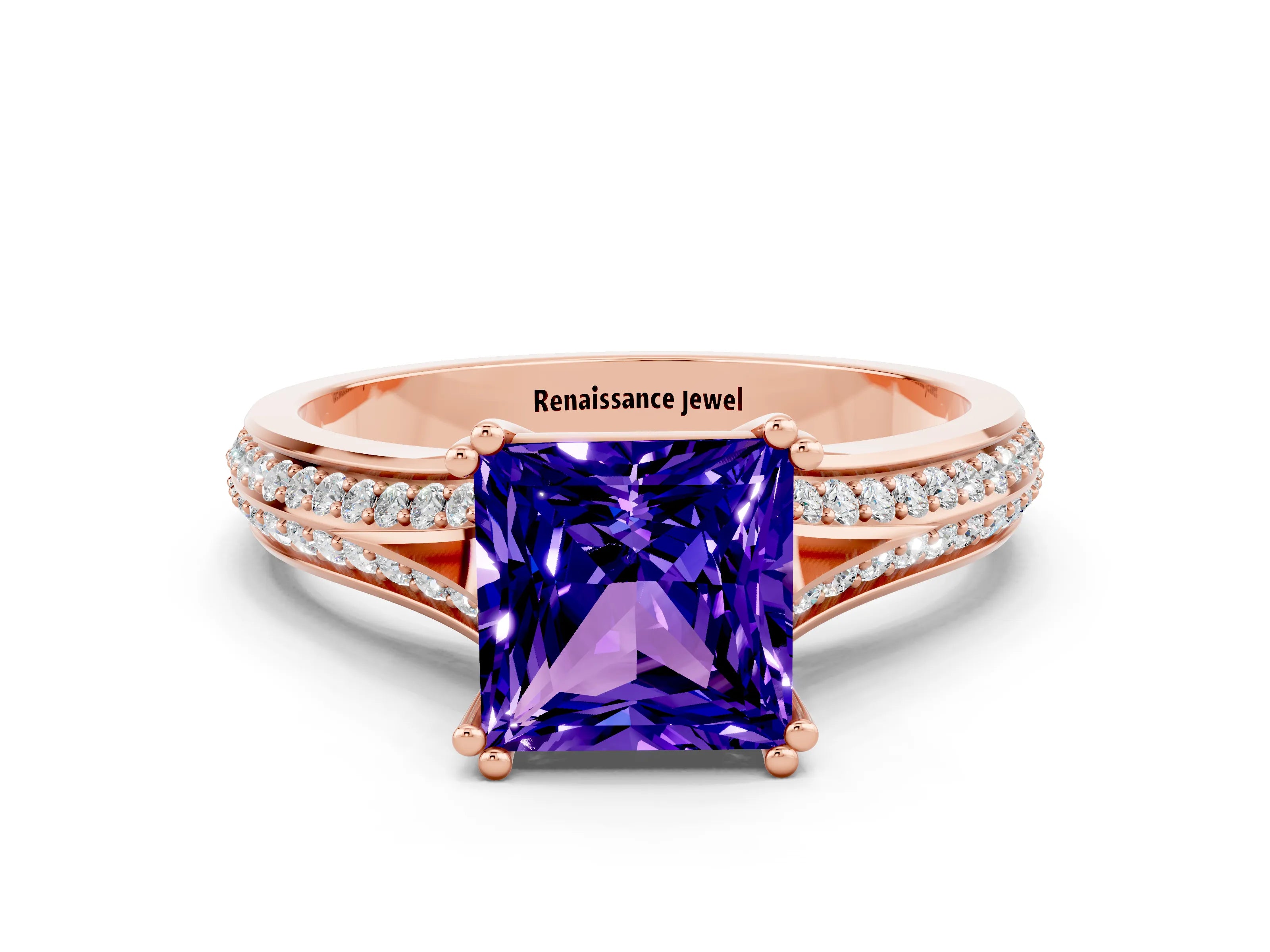 Rose gold Princess Cut Tanzanite Split Shank Engagement Ring with Pavé Band