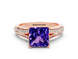 Rose gold Princess Cut Tanzanite Split Shank Engagement Ring with Pavé Band