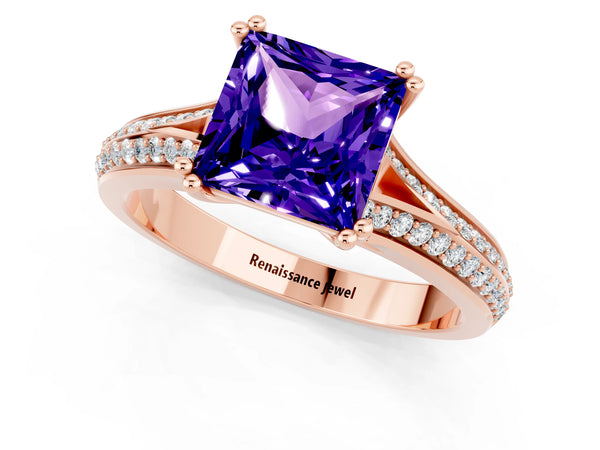 Rose gold Princess Cut Tanzanite Split Shank Engagement Ring with Pavé Band