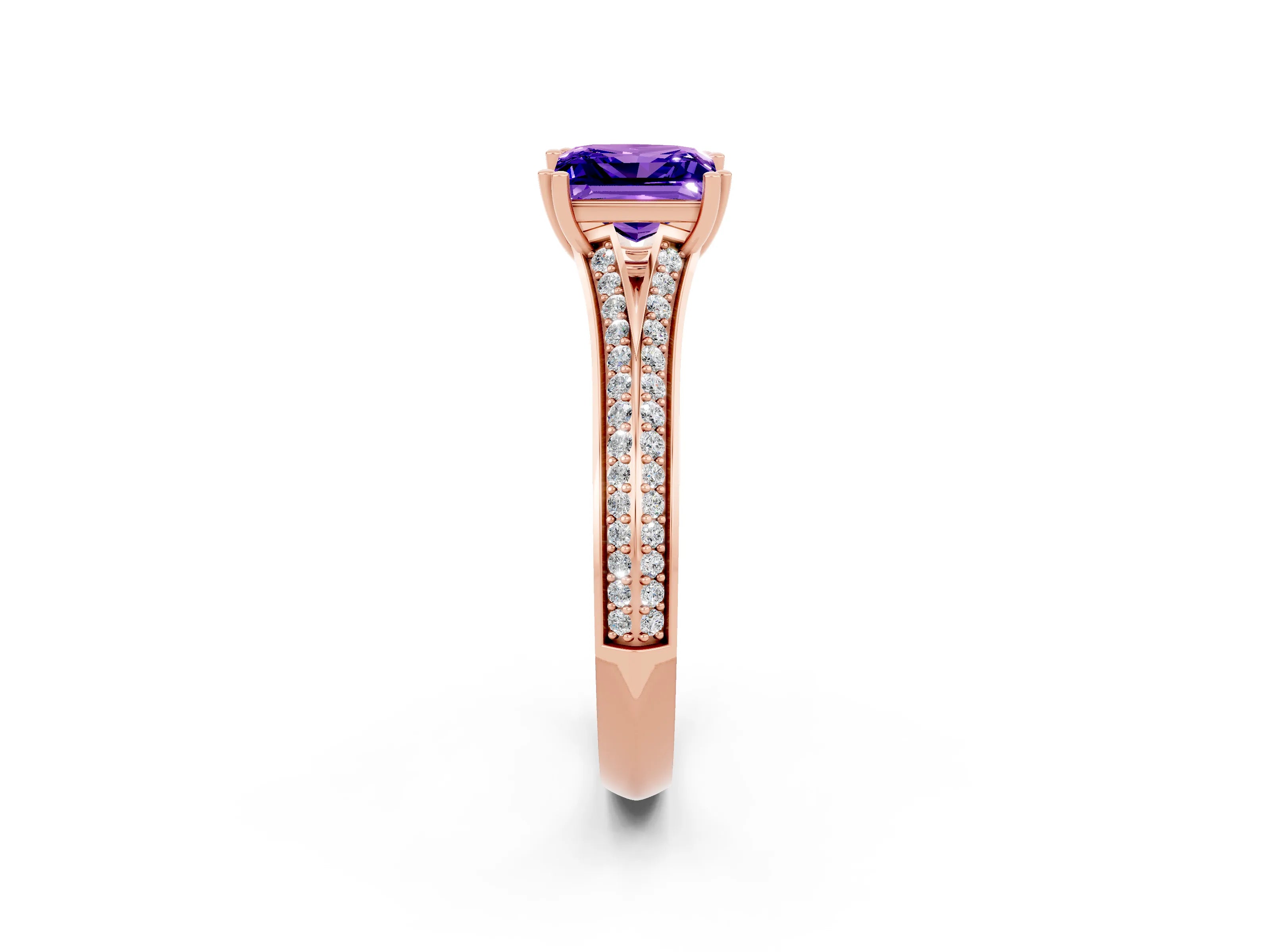 Rose gold Princess Cut Tanzanite Split Shank Engagement Ring with Pavé Band_2