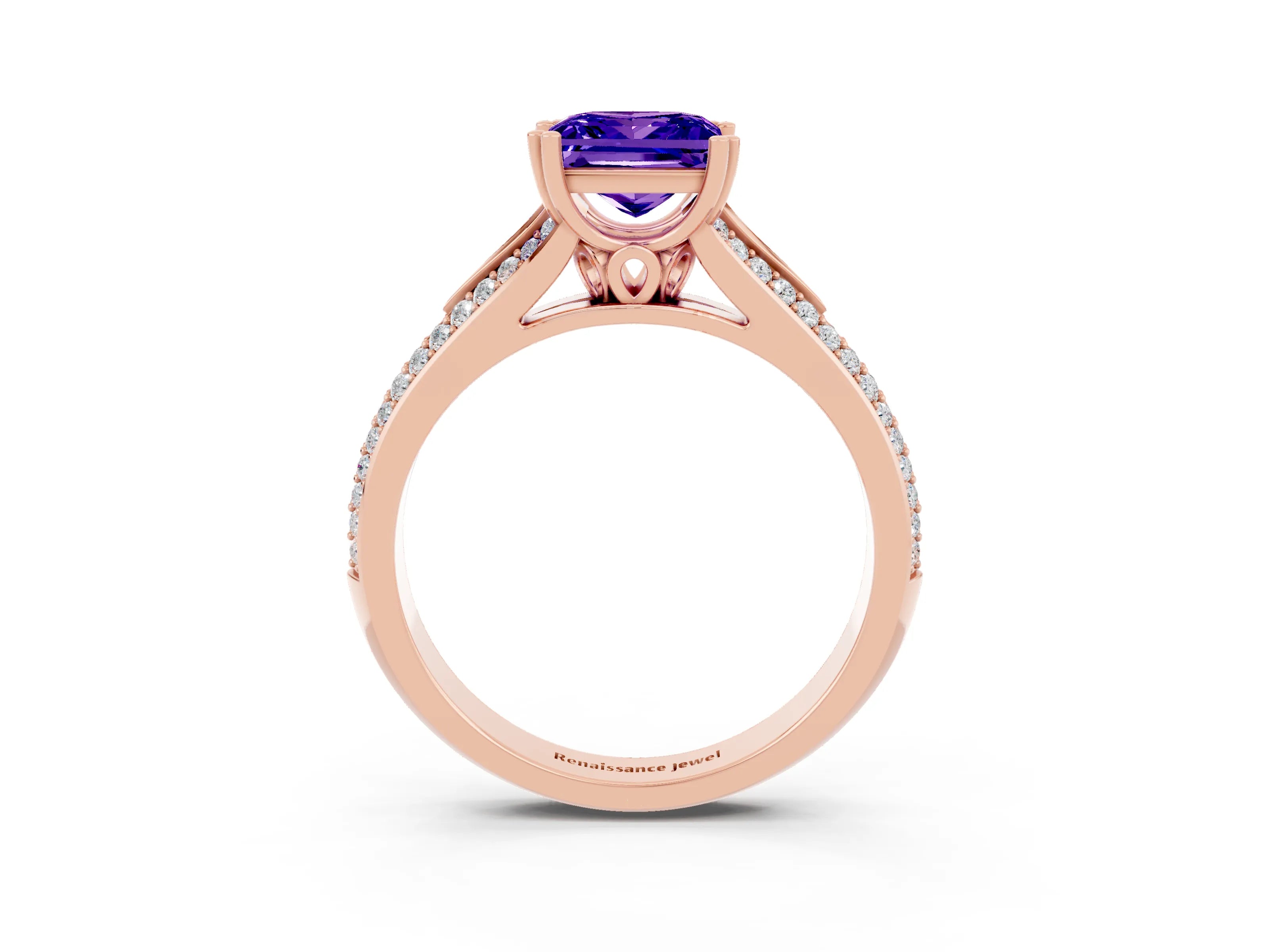 Rose gold Princess Cut Tanzanite Split Shank Engagement Ring with Pavé Band_3