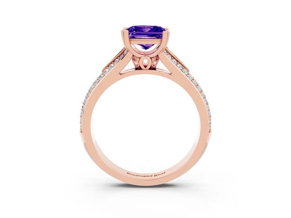 Rose gold Princess Cut Tanzanite Split Shank Engagement Ring with Pavé Band