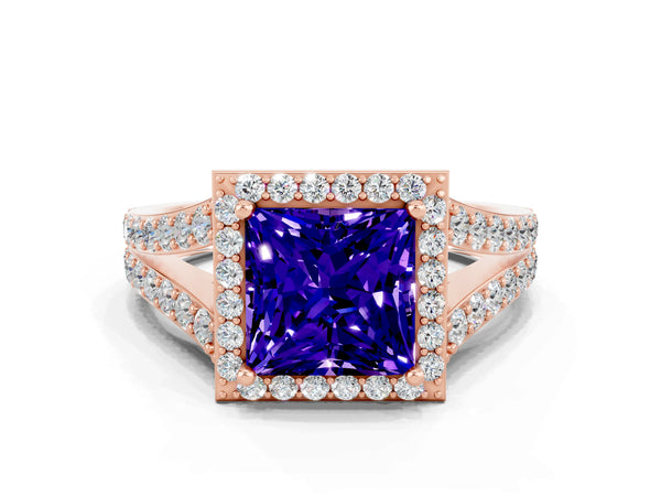 Rose gold Princess Cut Tanzanite Split Shank Halo Ring with Four-Prong Setting
