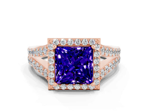 Rose gold Princess Cut Tanzanite Split Shank Halo Ring with Four-Prong Setting_12