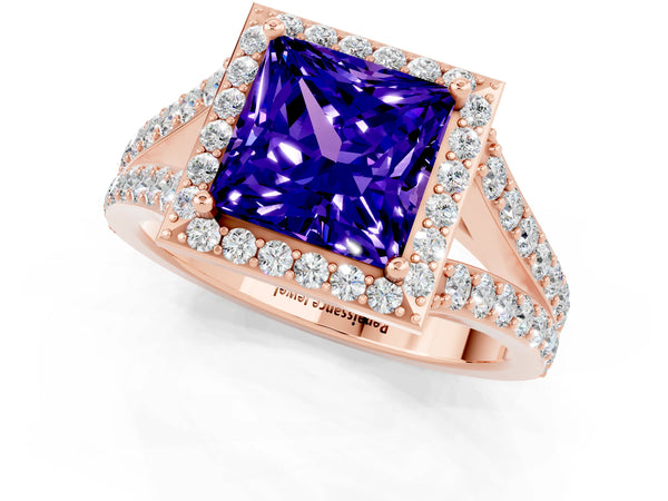 Rose gold Princess Cut Tanzanite Split Shank Halo Ring with Four-Prong Setting
