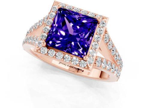 Rose gold Princess Cut Tanzanite Split Shank Halo Ring with Four-Prong Setting_13