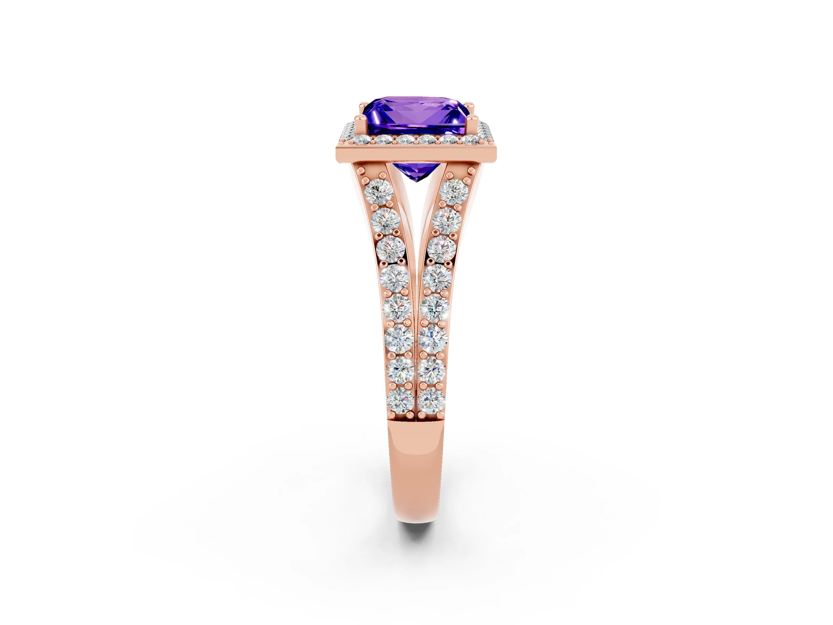 Rose gold Princess Cut Tanzanite Split Shank Halo Ring with Four-Prong Setting_14