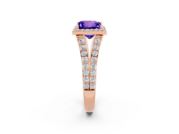 Rose gold Princess Cut Tanzanite Split Shank Halo Ring with Four-Prong Setting