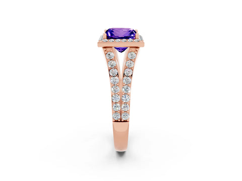 Rose gold Princess Cut Tanzanite Split Shank Halo Ring with Four-Prong Setting_14