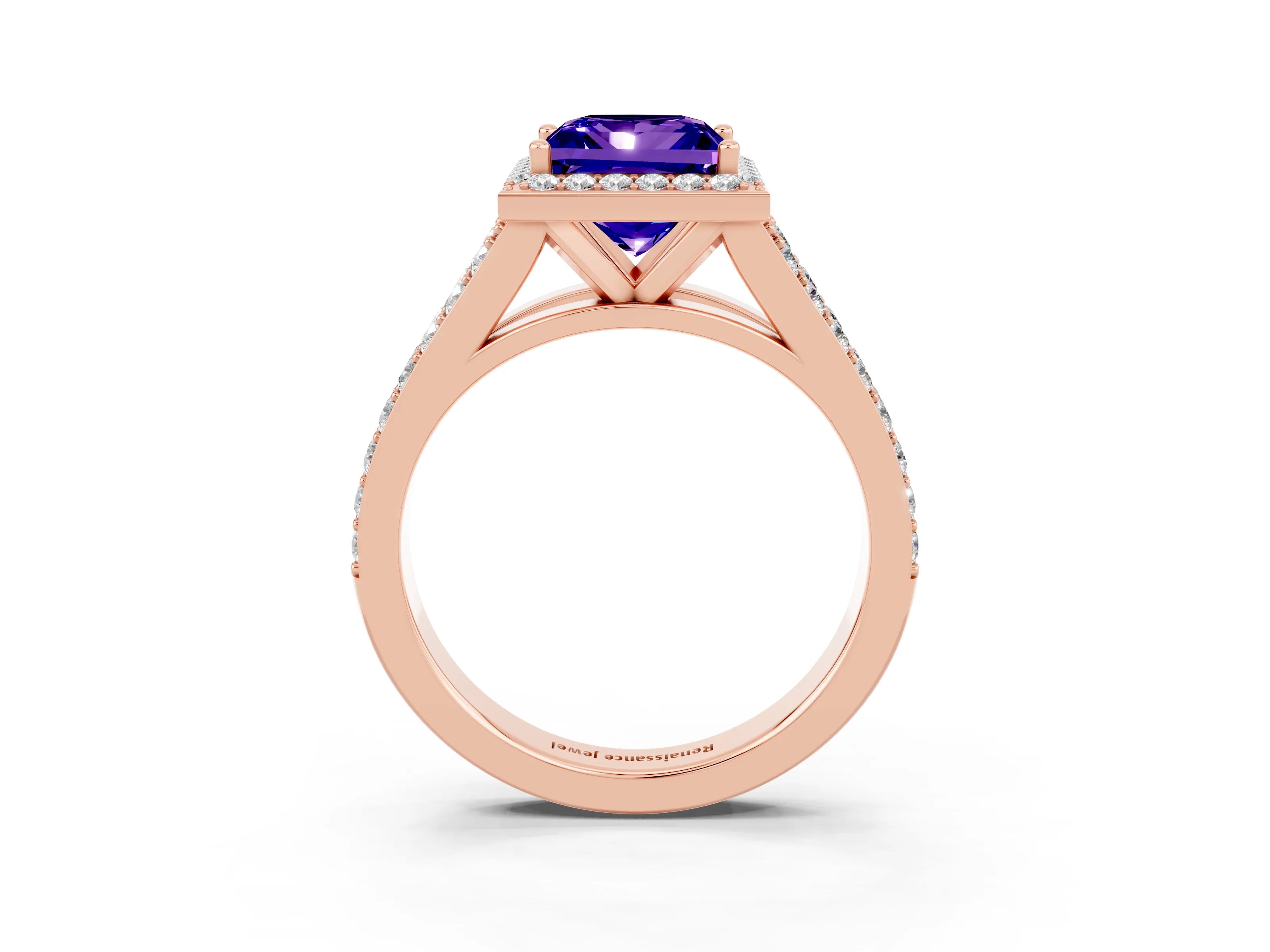 Rose gold Princess Cut Tanzanite Split Shank Halo Ring with Four-Prong Setting_15