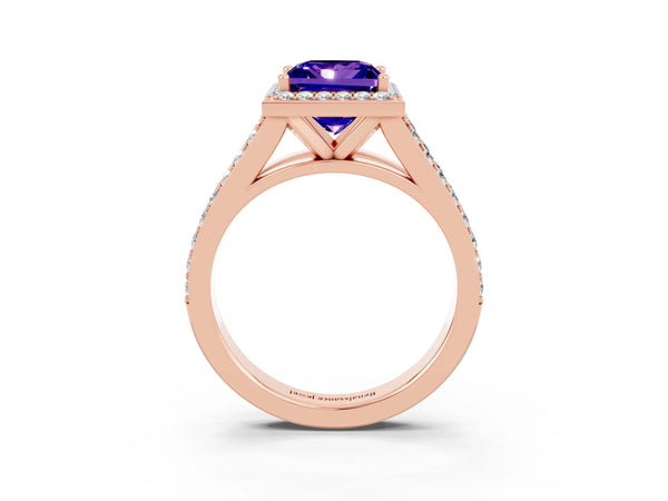 Rose gold Princess Cut Tanzanite Split Shank Halo Ring with Four-Prong Setting