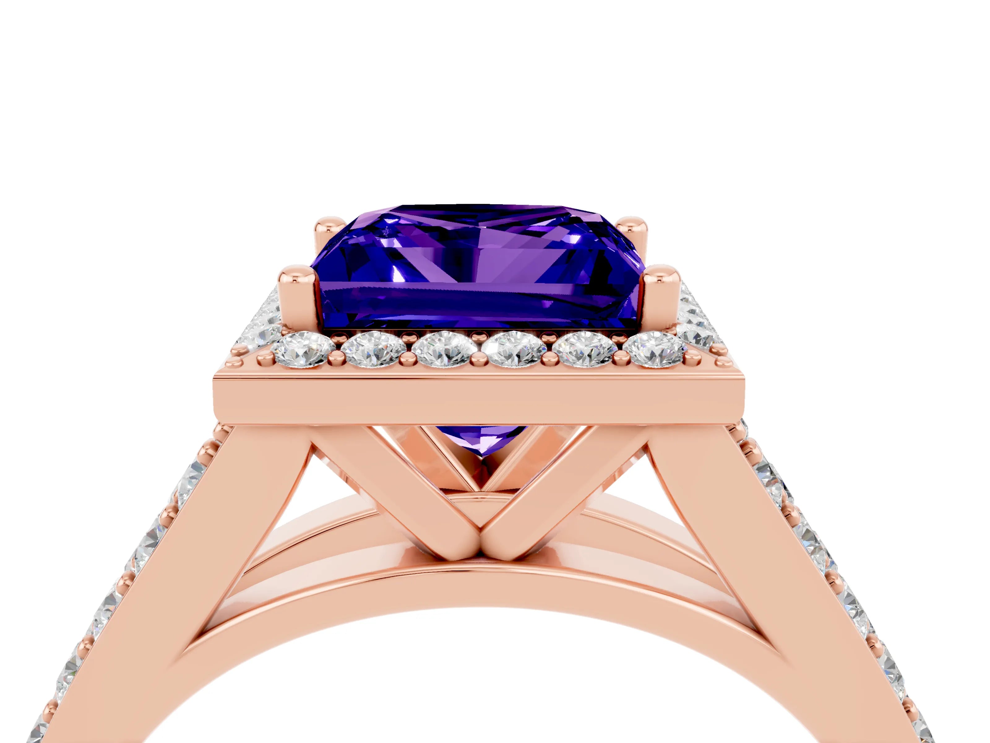 Rose gold Princess Cut Tanzanite Split Shank Halo Ring with Four-Prong Setting_16