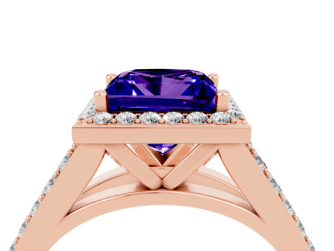 Rose gold Princess Cut Tanzanite Split Shank Halo Ring with Four-Prong Setting_16