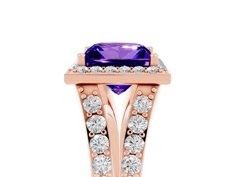 Rose gold Princess Cut Tanzanite Split Shank Halo Ring with Four-Prong Setting_17