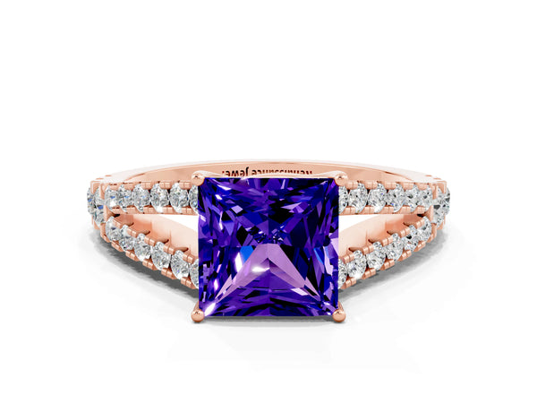 Rose gold Princess Cut Tanzanite Split Shank Pavé Engagement Ring with Four-Prong Setting