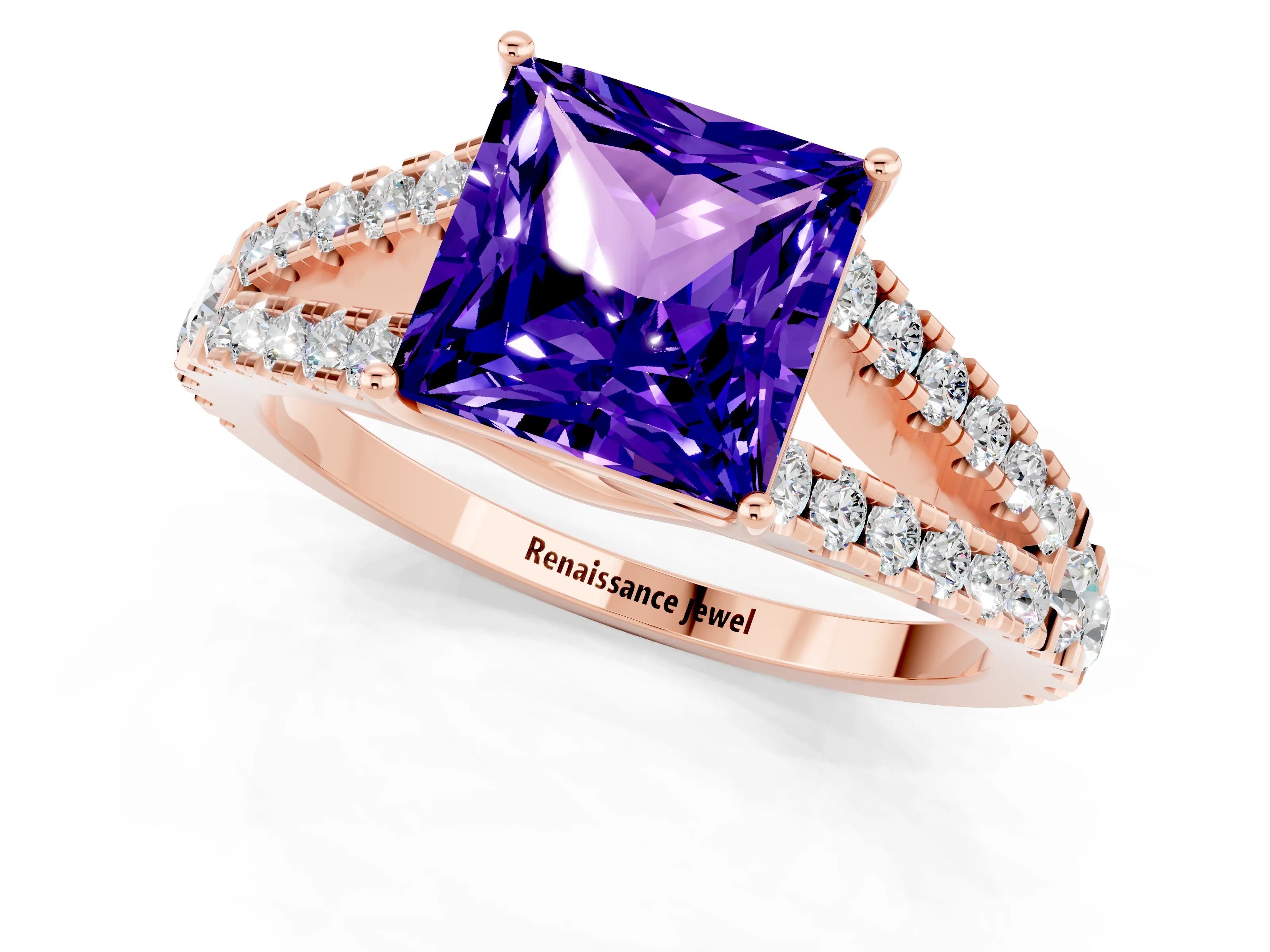 Rose gold Princess Cut Tanzanite Split Shank Pavé Engagement Ring with Four-Prong Setting_13