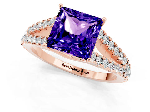 Rose gold Princess Cut Tanzanite Split Shank Pavé Engagement Ring with Four-Prong Setting_13