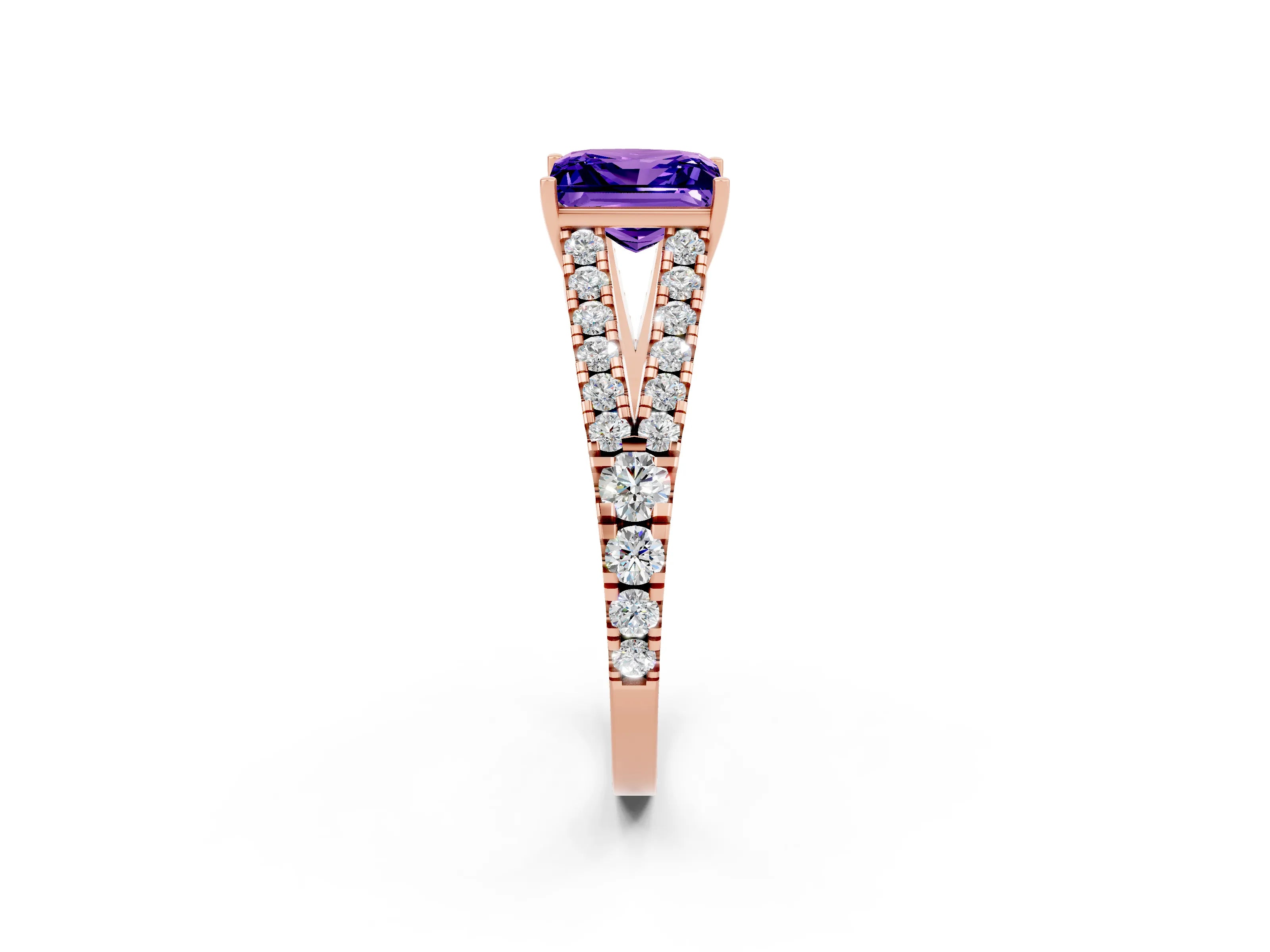 Rose gold Princess Cut Tanzanite Split Shank Pavé Engagement Ring with Four-Prong Setting_14