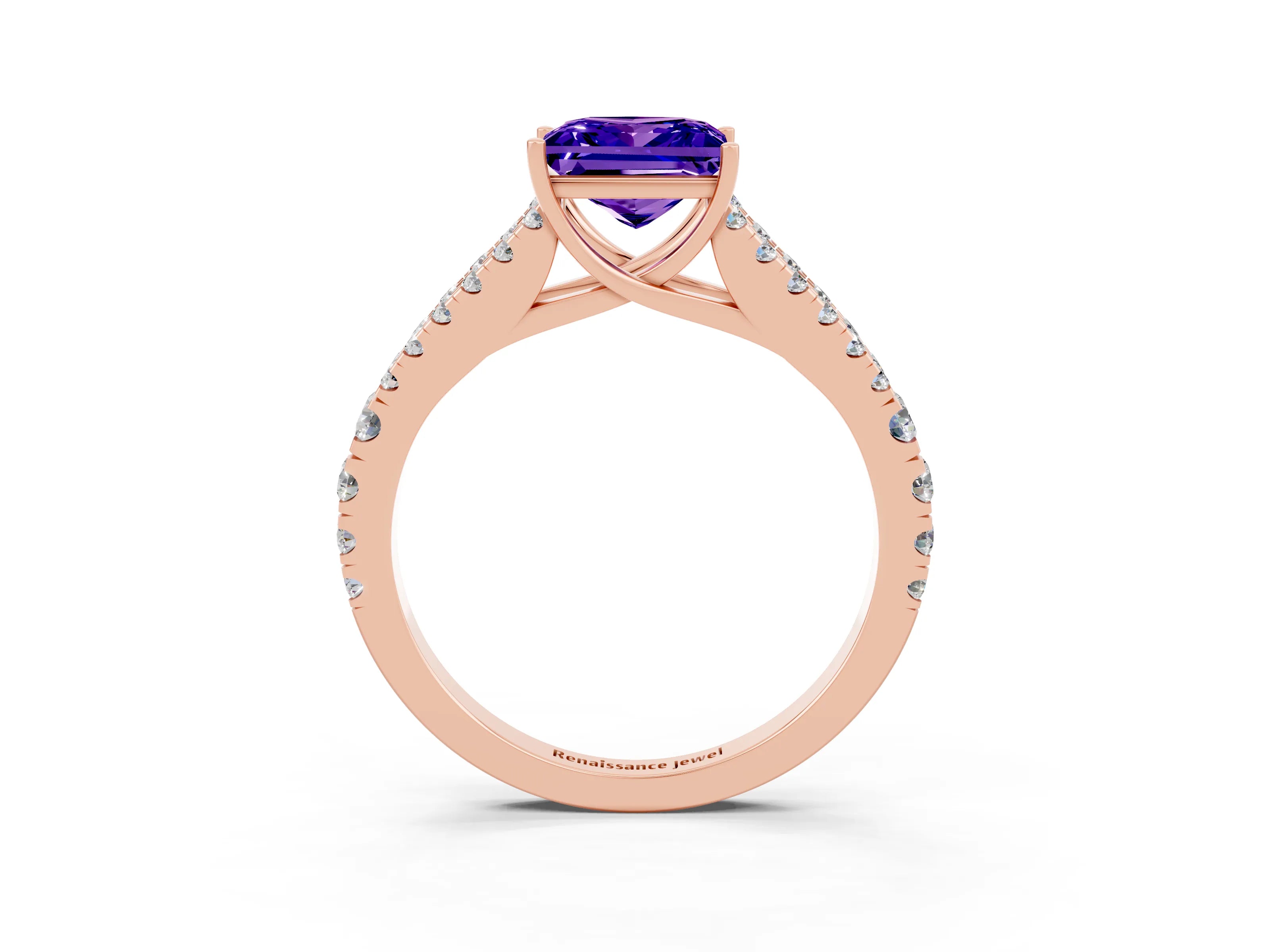 Rose gold Princess Cut Tanzanite Split Shank Pavé Engagement Ring with Four-Prong Setting_15