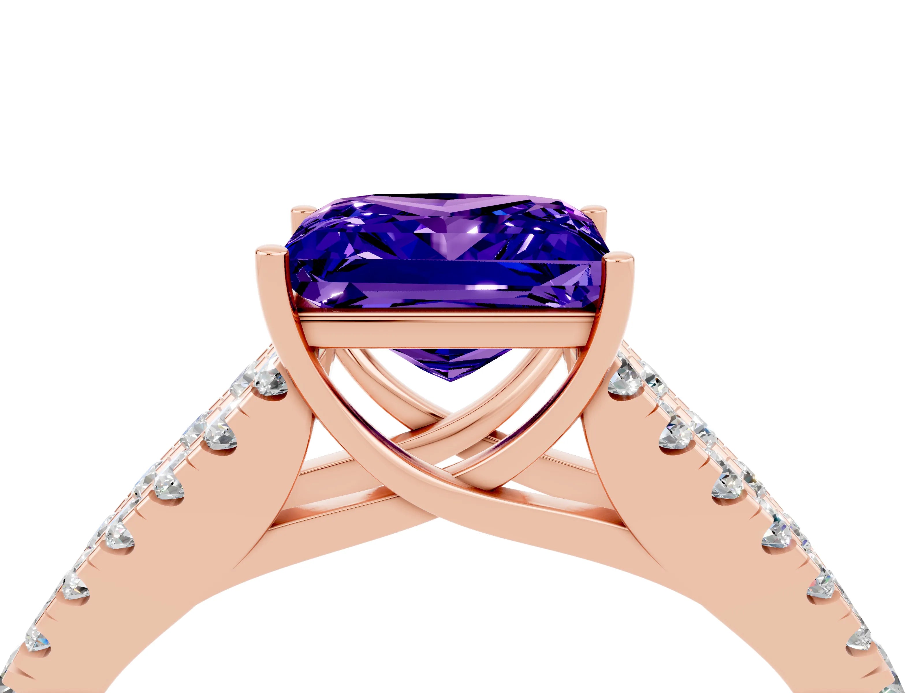 Rose gold Princess Cut Tanzanite Split Shank Pavé Engagement Ring with Four-Prong Setting_16