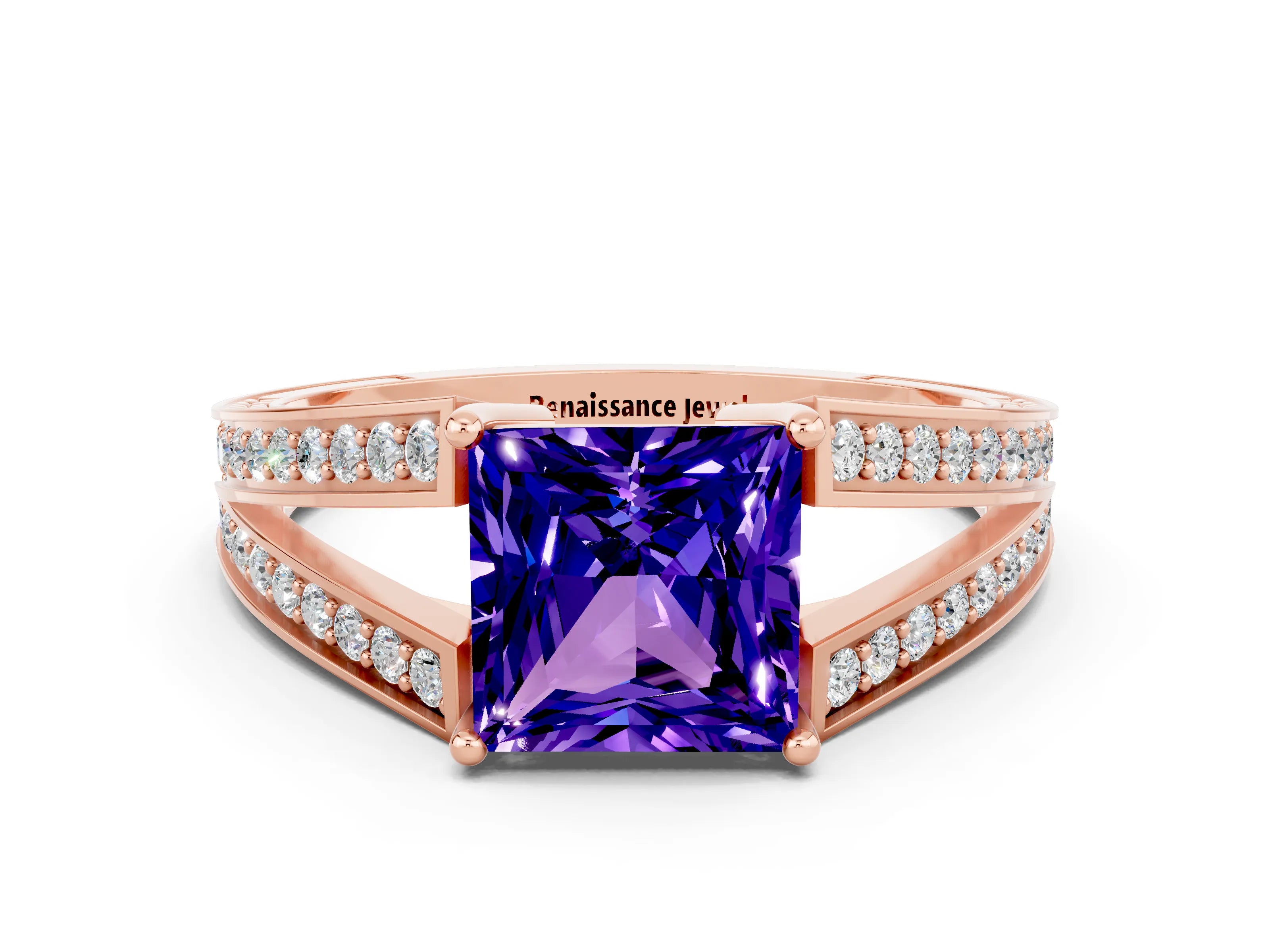 Rose gold Princess Cut Tanzanite Split Shank Ring with Pavé Band and Four-Prong Setting