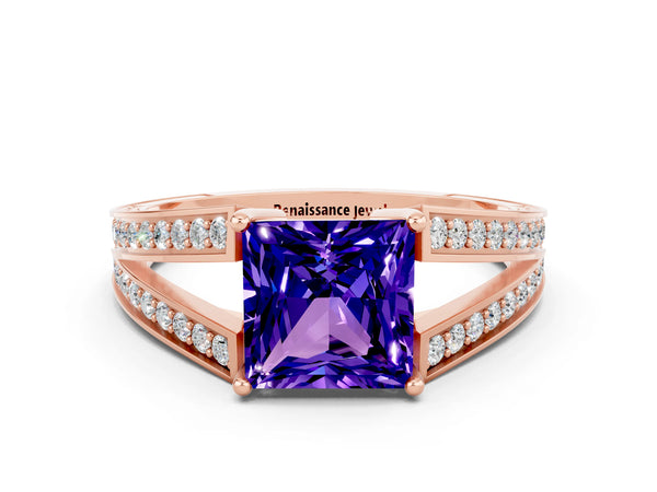 Rose gold Princess Cut Tanzanite Split Shank Ring with Pavé Band and Four-Prong Setting