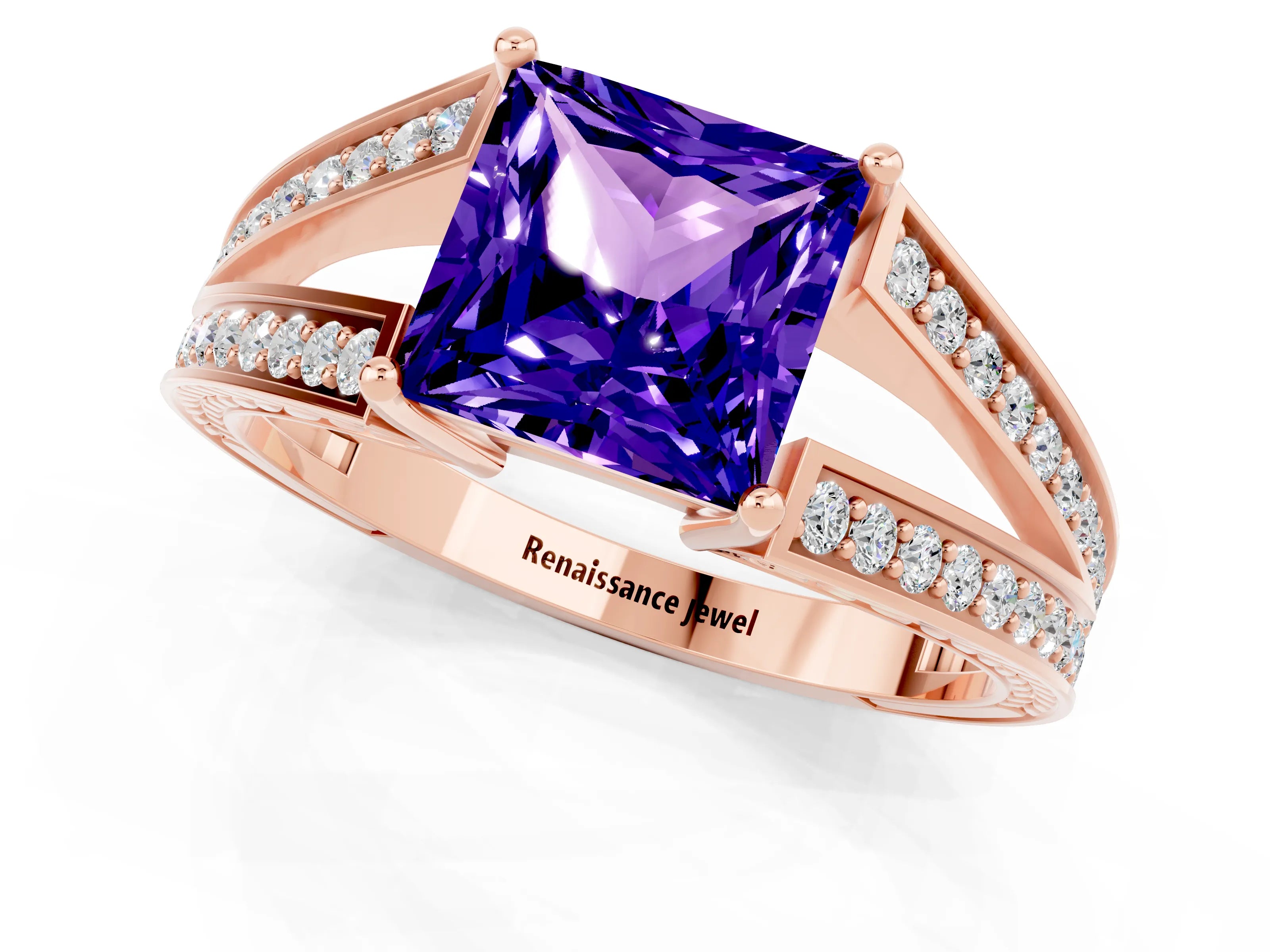 Rose gold Princess Cut Tanzanite Split Shank Ring with Pavé Band and Four-Prong Setting_1