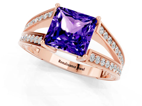 Rose gold Princess Cut Tanzanite Split Shank Ring with Pavé Band and Four-Prong Setting_1