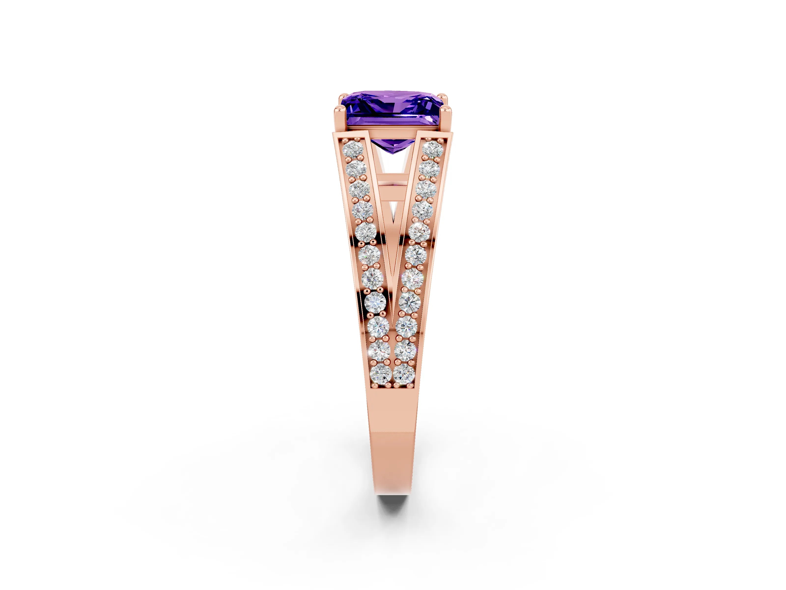 Rose gold Princess Cut Tanzanite Split Shank Ring with Pavé Band and Four-Prong Setting_2