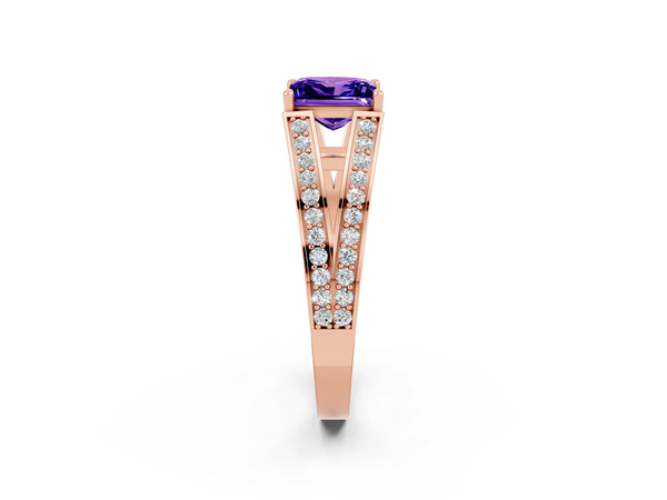 Rose gold Princess Cut Tanzanite Split Shank Ring with Pavé Band and Four-Prong Setting