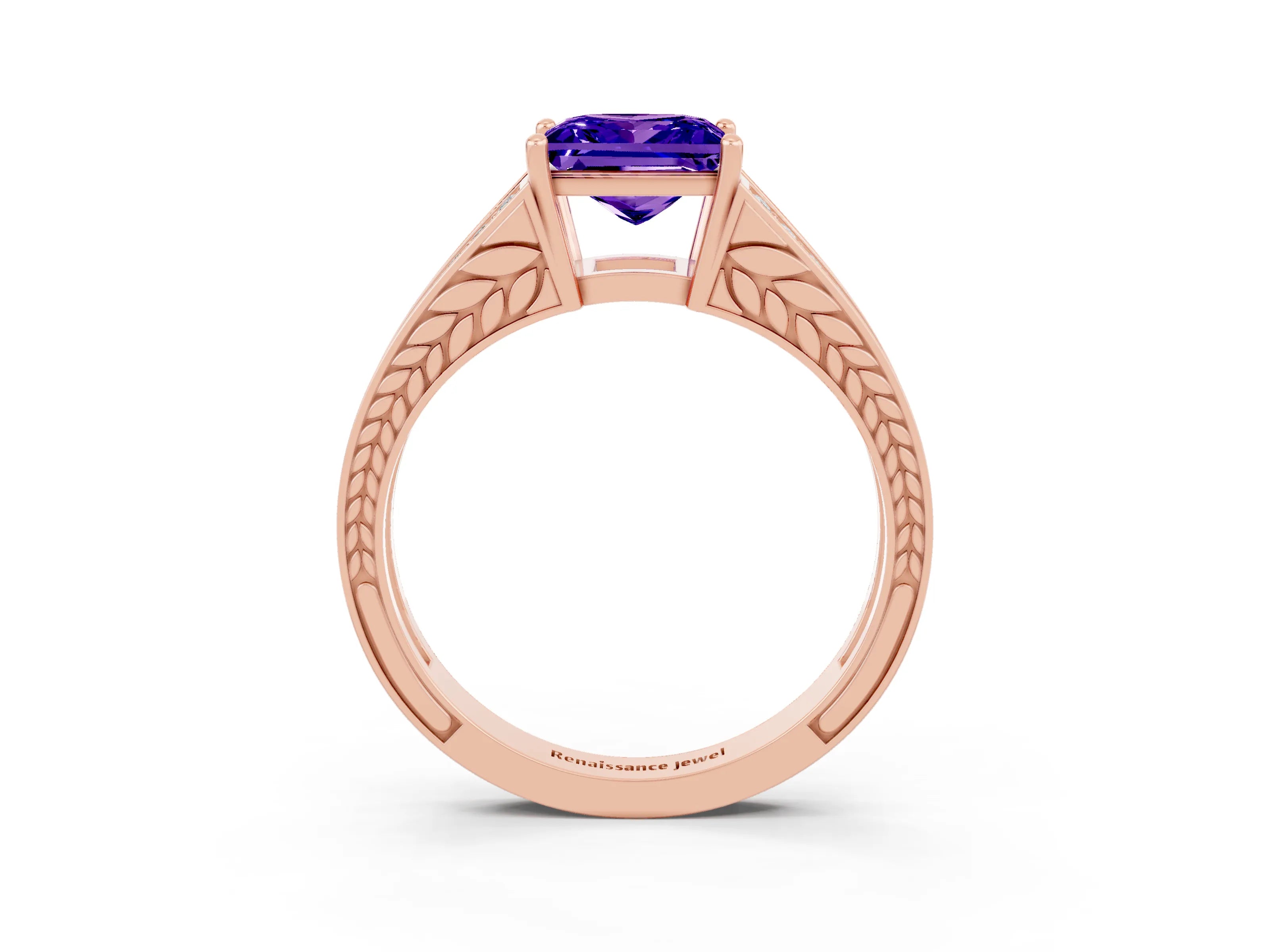 Rose gold Princess Cut Tanzanite Split Shank Ring with Pavé Band and Four-Prong Setting_3