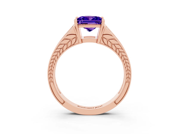 Rose gold Princess Cut Tanzanite Split Shank Ring with Pavé Band and Four-Prong Setting