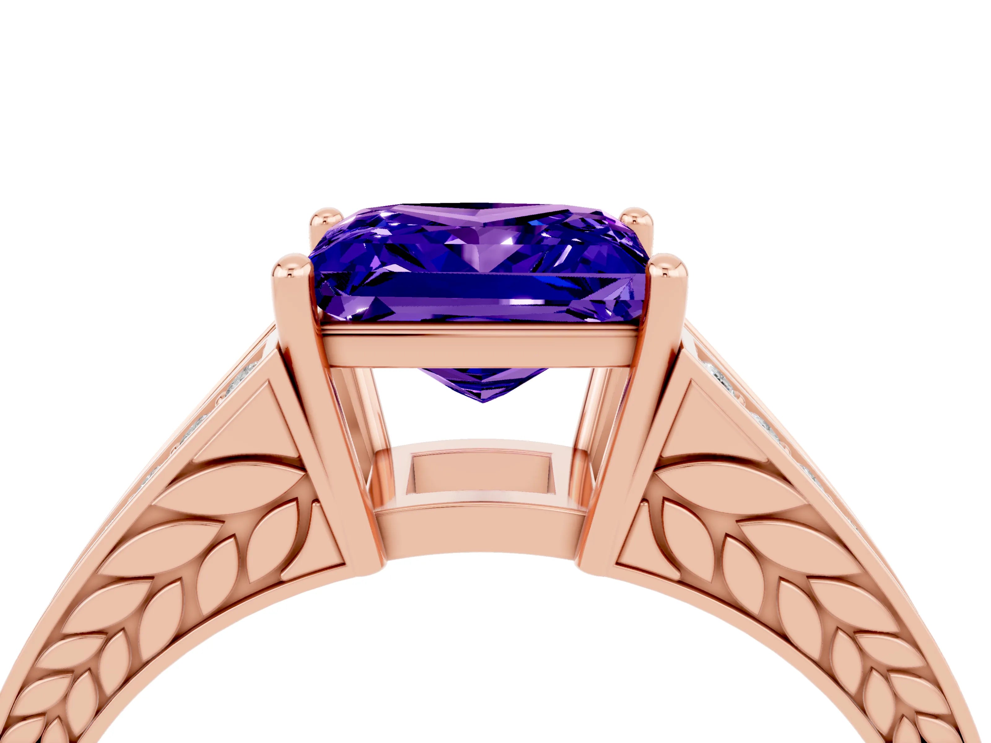 Rose gold Princess Cut Tanzanite Split Shank Ring with Pavé Band and Four-Prong Setting_4