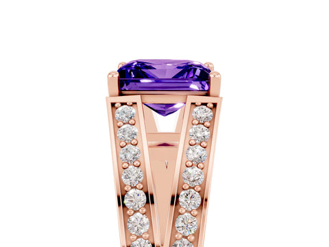 Rose gold Princess Cut Tanzanite Split Shank Ring with Pavé Band and Four-Prong Setting_5