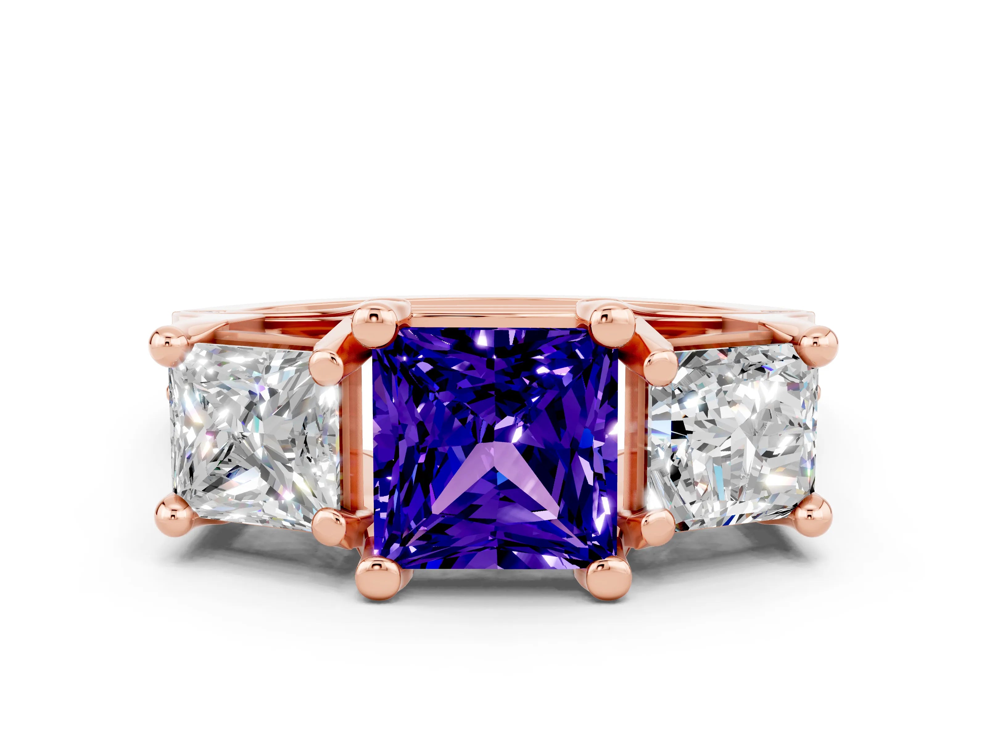 Rose gold Princess Cut Tanzanite Three-Stone Ring with Channel Set Band and Four-Prong Setting