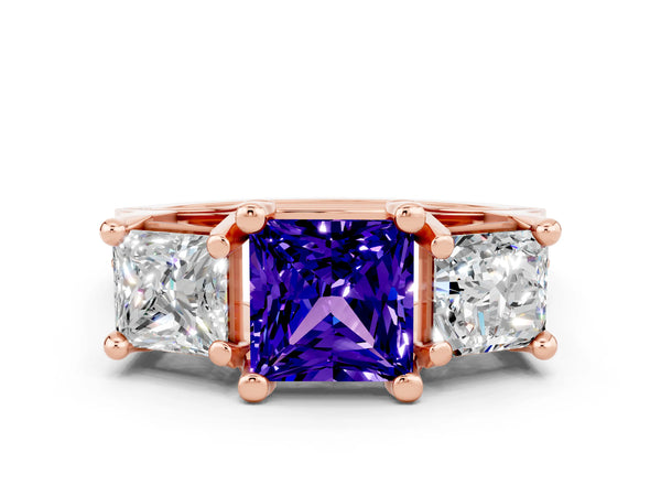 Rose gold Princess Cut Tanzanite Three-Stone Ring with Channel Set Band and Four-Prong Setting