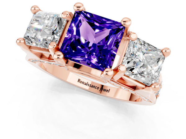 Rose gold Princess Cut Tanzanite Three-Stone Ring with Channel Set Band and Four-Prong Setting