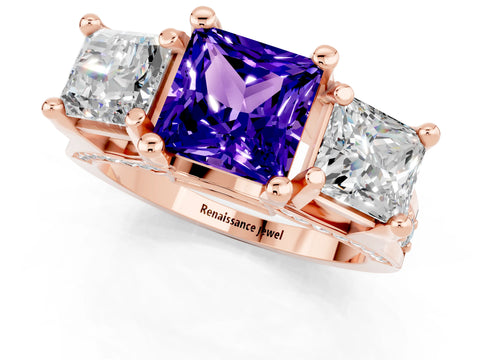 Rose gold Princess Cut Tanzanite Three-Stone Ring with Channel Set Band and Four-Prong Setting_1