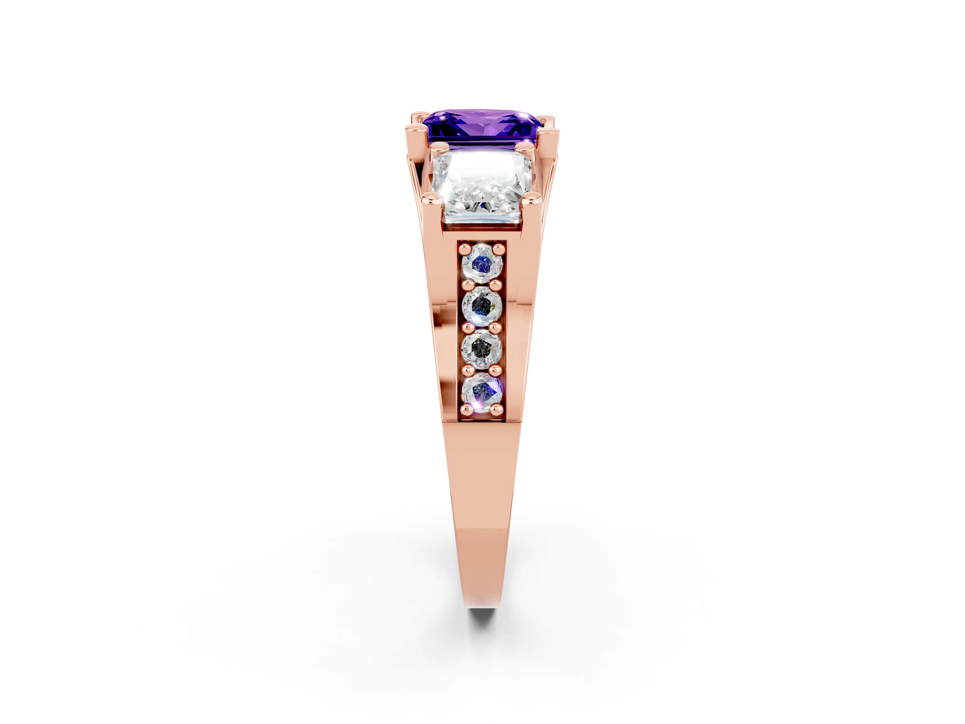 Rose gold Princess Cut Tanzanite Three-Stone Ring with Channel Set Band and Four-Prong Setting_2