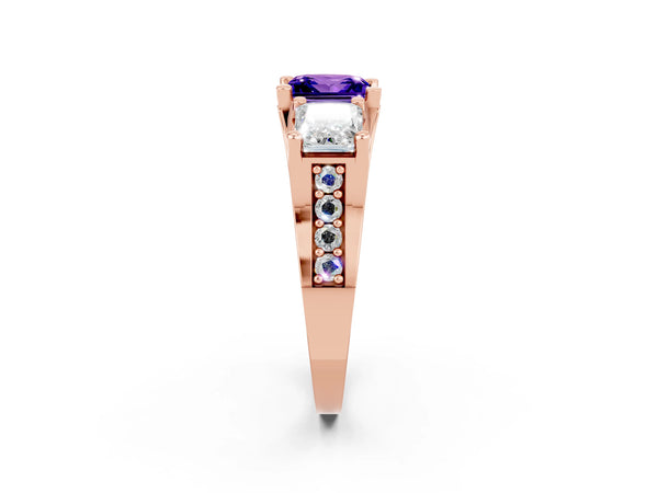 Rose gold Princess Cut Tanzanite Three-Stone Ring with Channel Set Band and Four-Prong Setting
