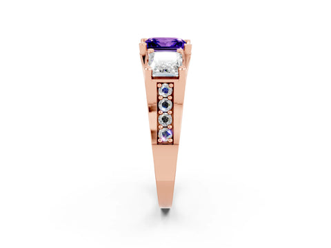 Rose gold Princess Cut Tanzanite Three-Stone Ring with Channel Set Band and Four-Prong Setting_2